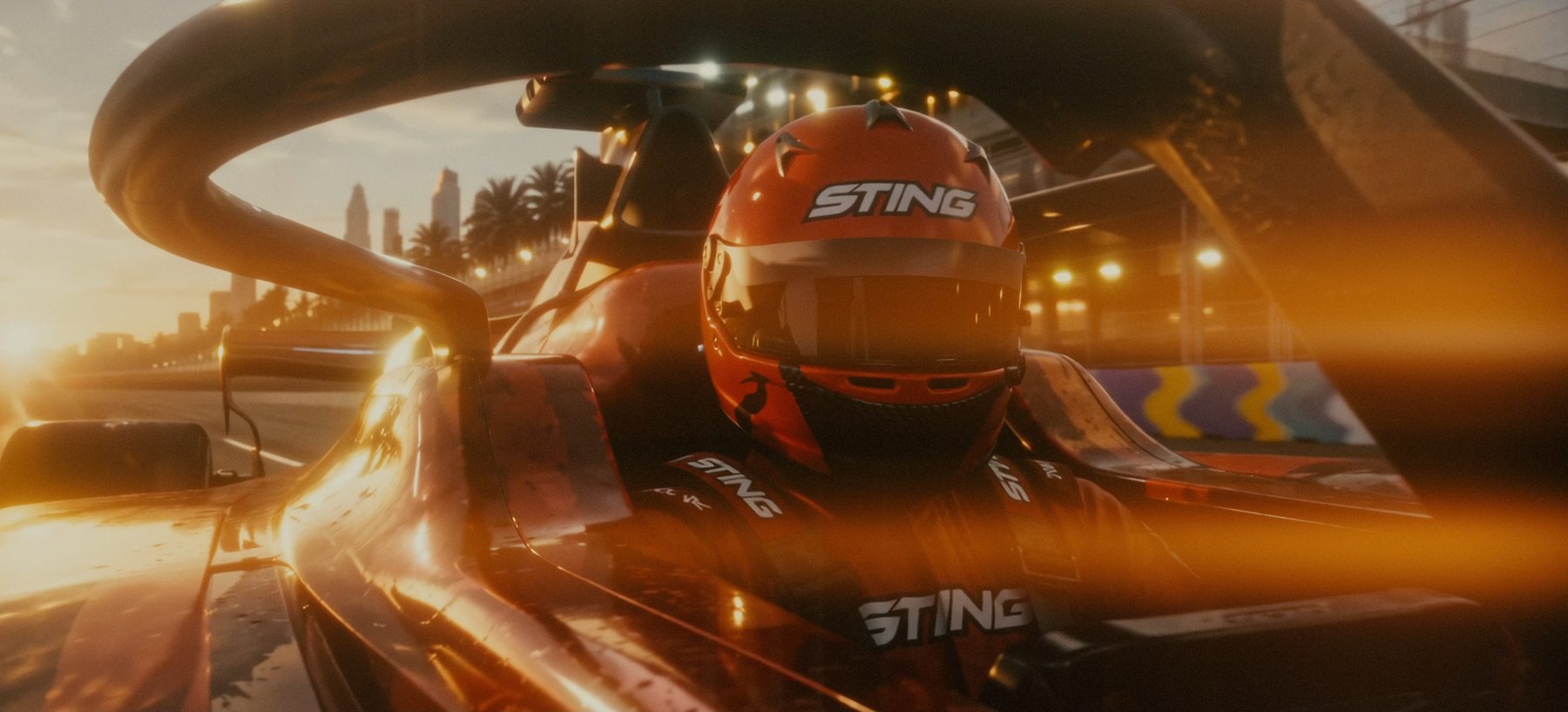 STING — a racer mid-launch, motion streaking off the helmet
