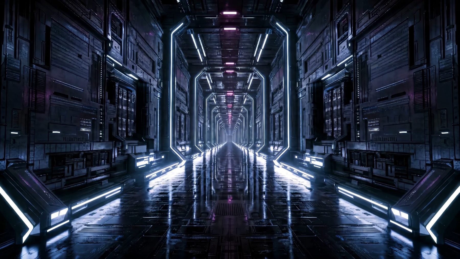 A symmetrical sci-fi corridor receding into the dark