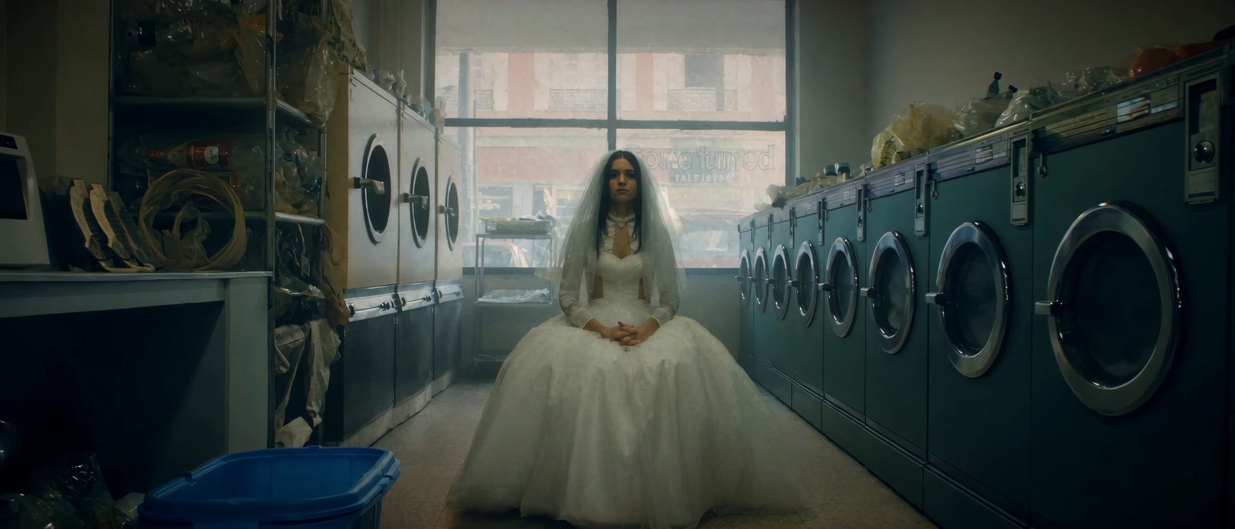 A bride alone in a run-down laundromat