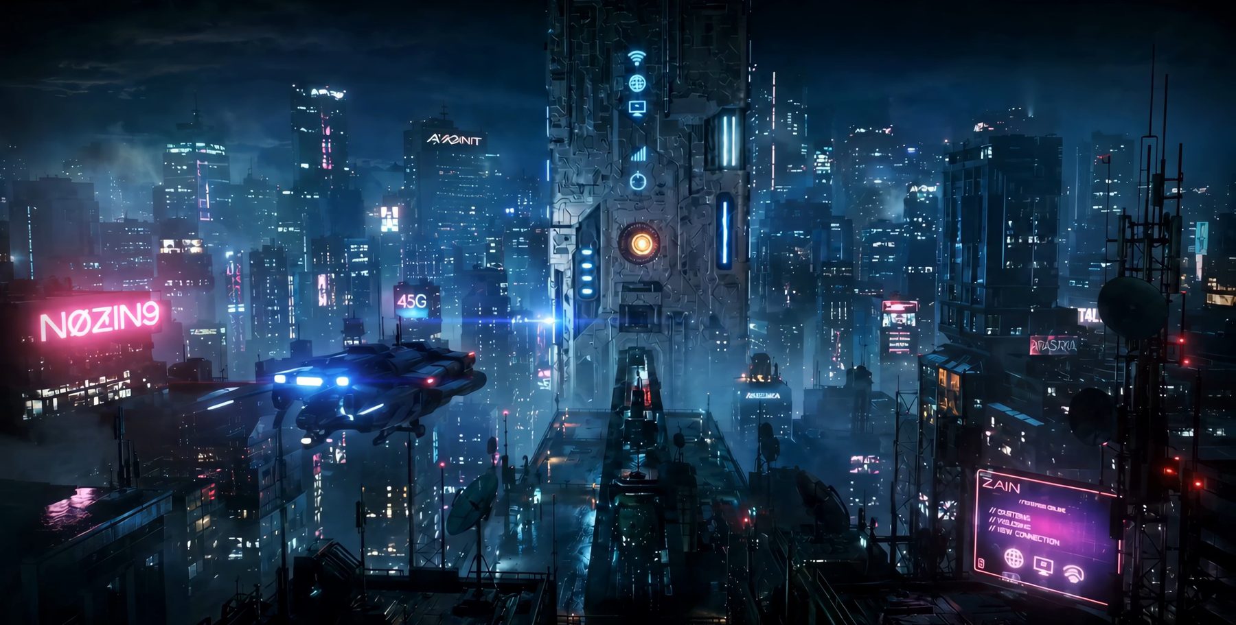 A neon megacity at night, a cruiser dropping between the towers