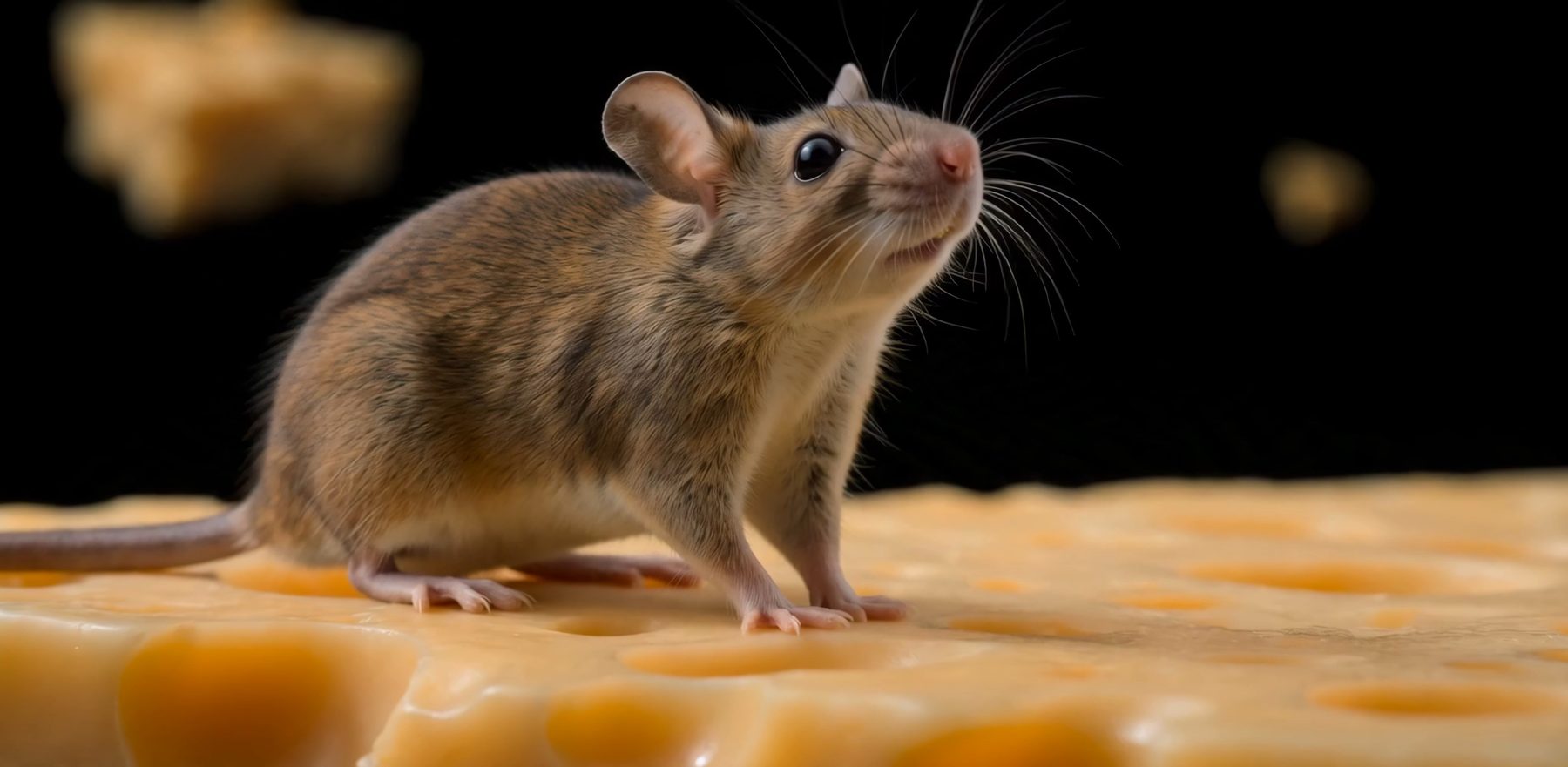 A mouse on a wedge of cheese, crumbs suspended mid-air
