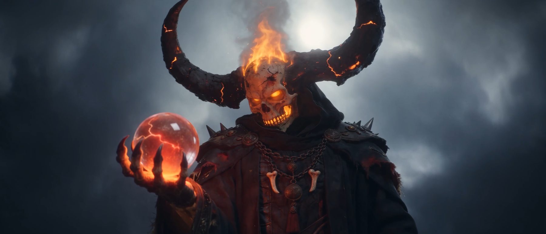A horned, burning sorcerer holding a molten orb