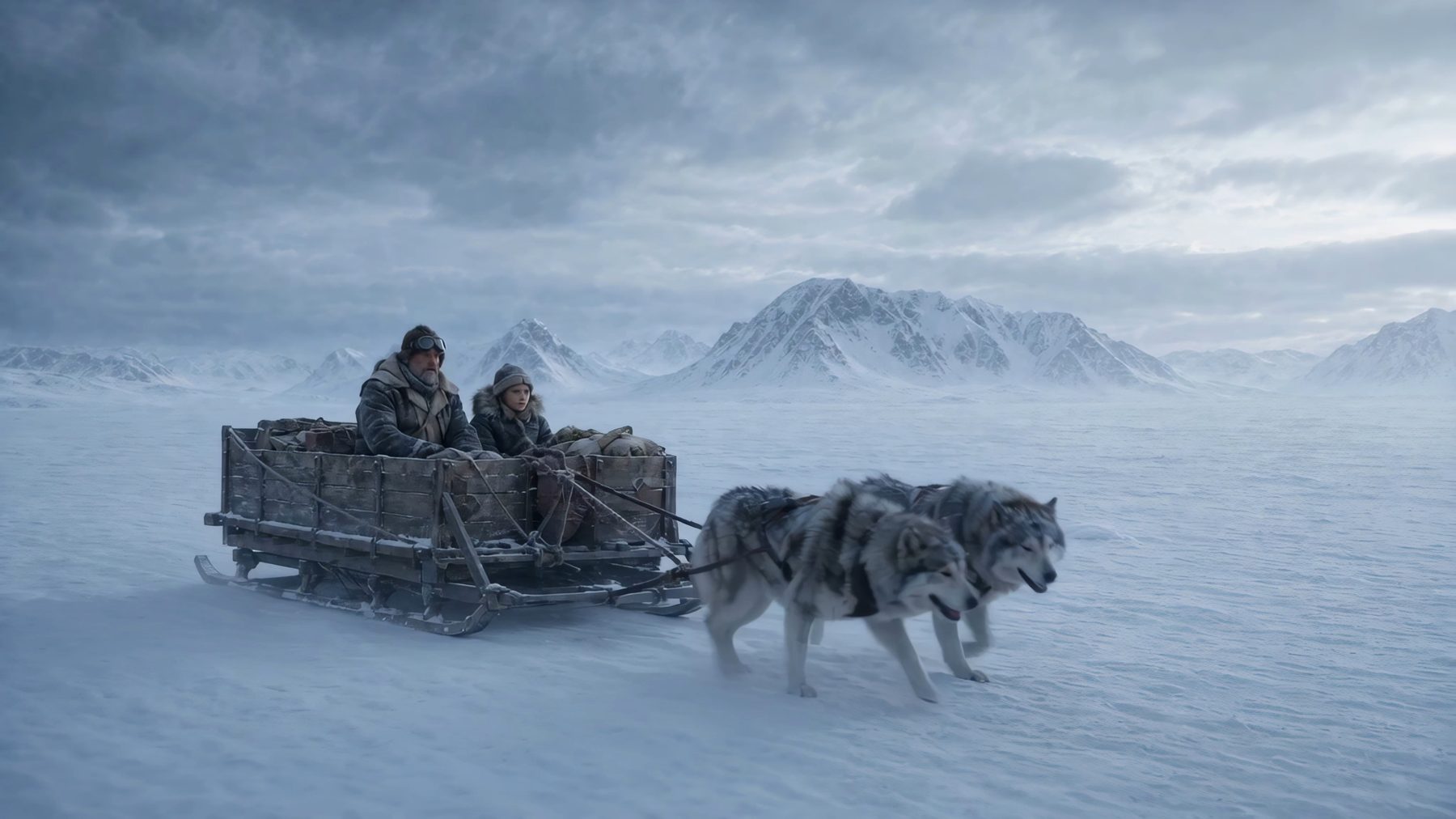 A dog team hauling a cart across an empty snowfield