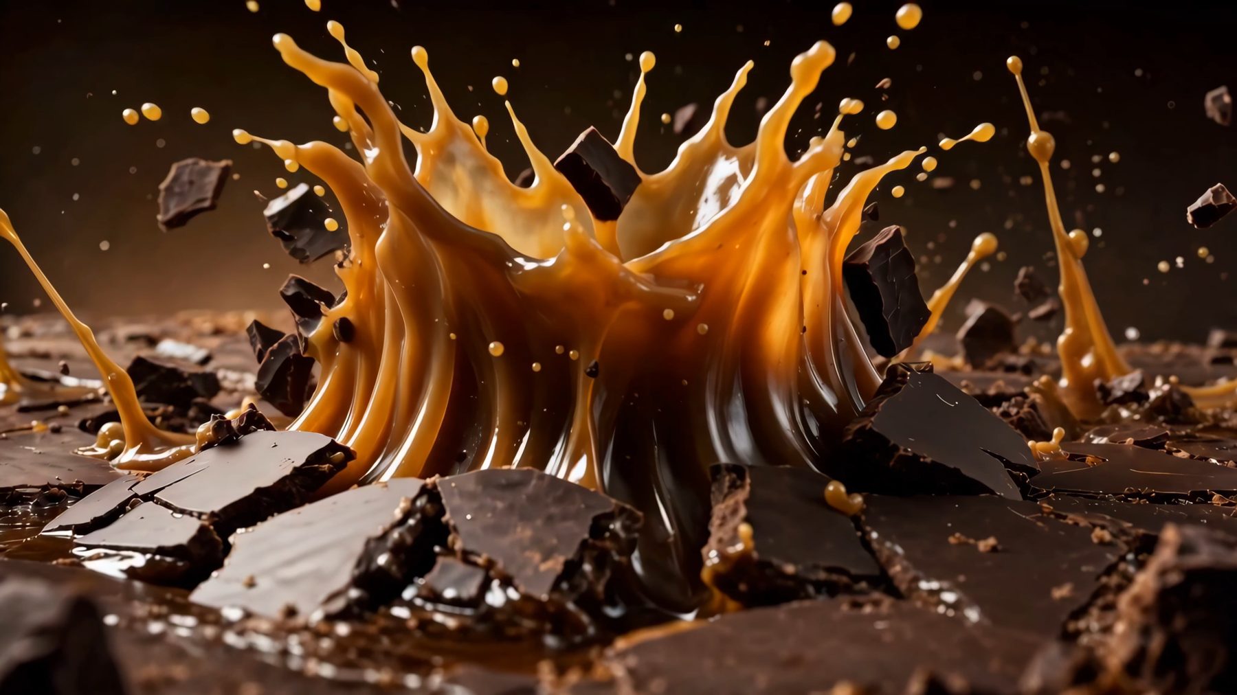 Caramel and chocolate frozen mid-splash