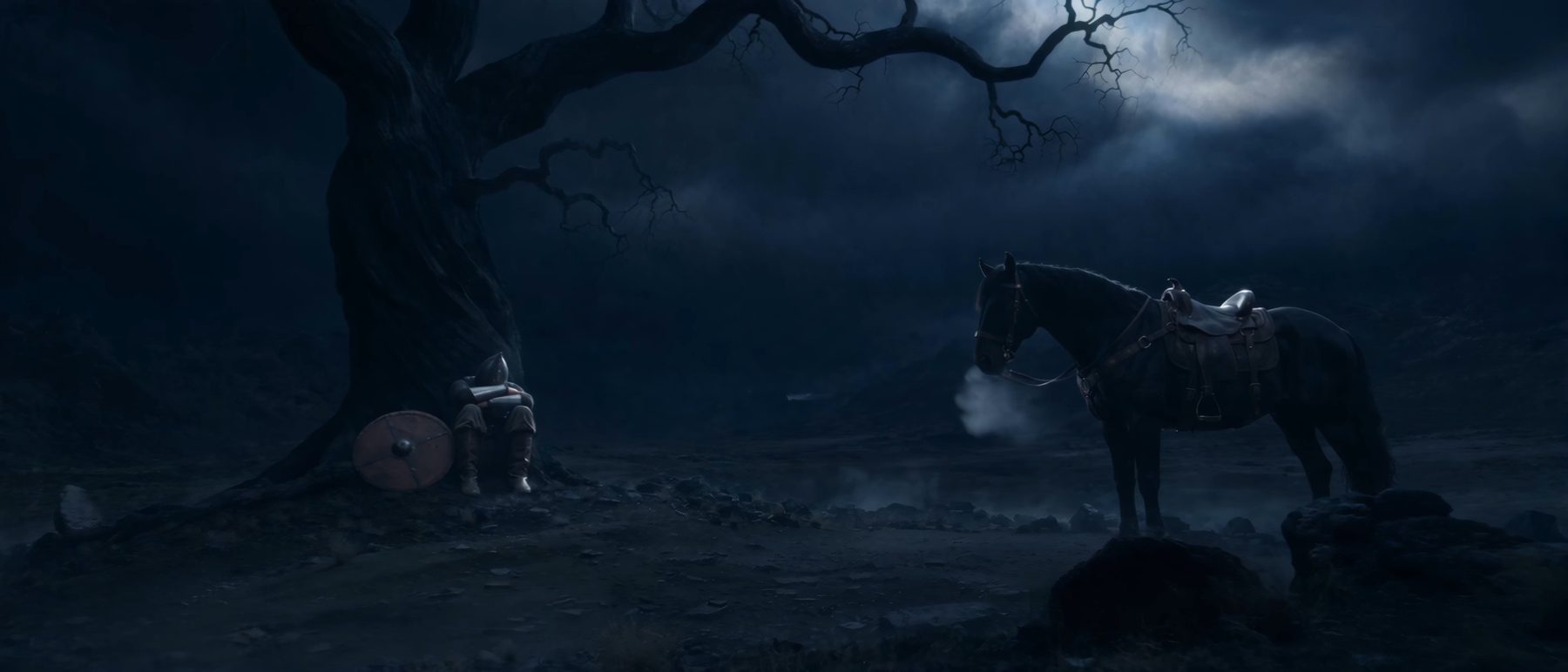 An armored warrior and horse under a bare, storm-lit tree