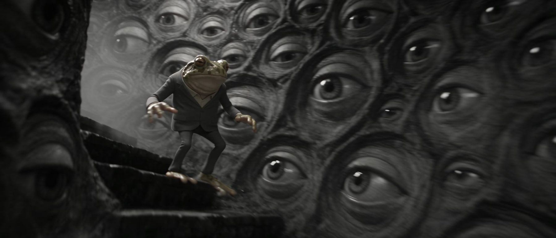 A tiny figure on a staircase against a wall of watching eyes