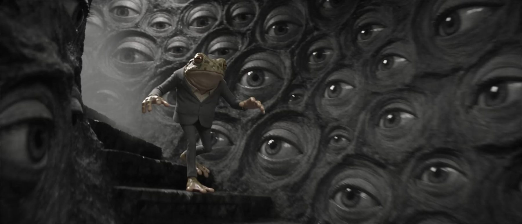 A wall of human eyes in black and white, a small figure below