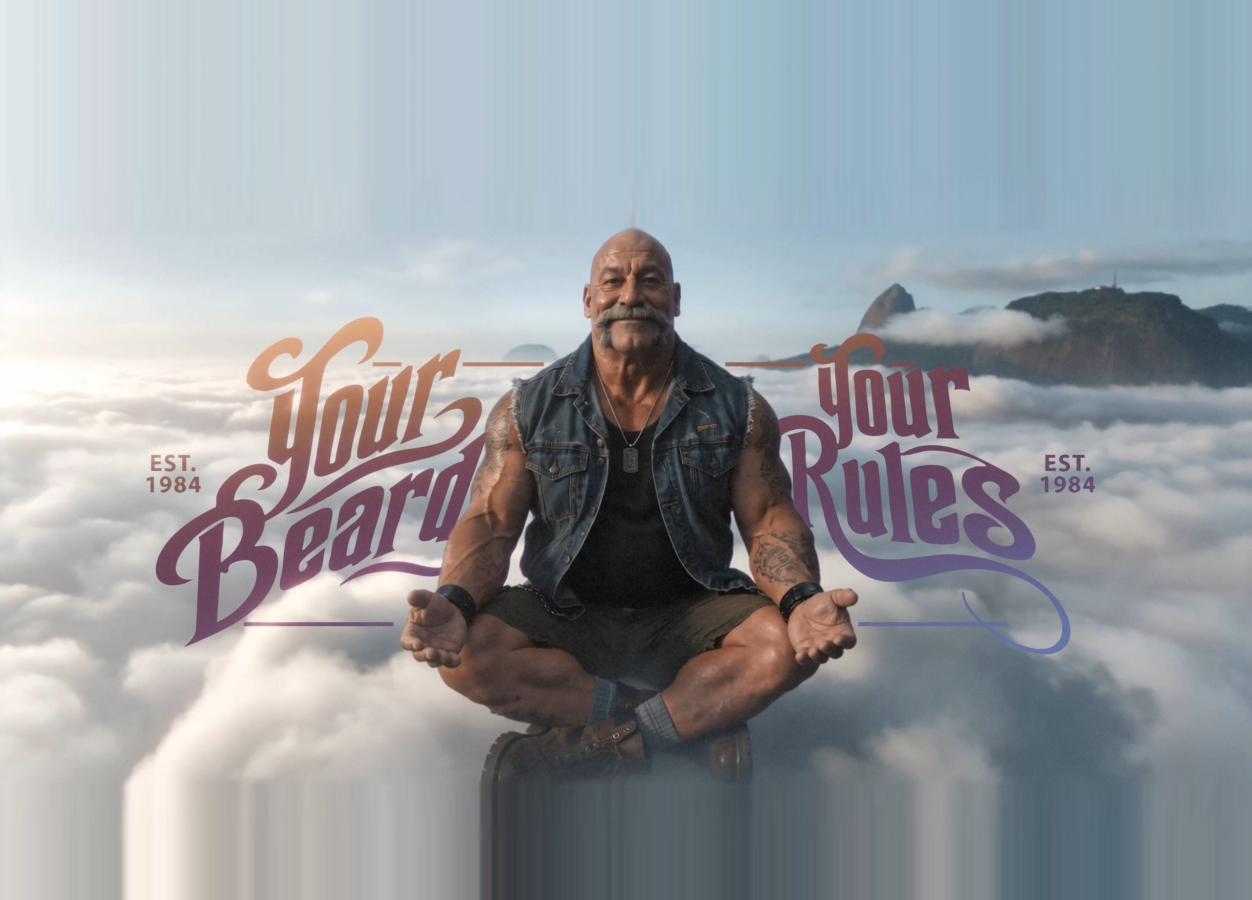 A muscular bearded man in a denim vest meditating cross-legged above the clouds, with 'Your Beard, Your Rules — EST. 1984' lettering