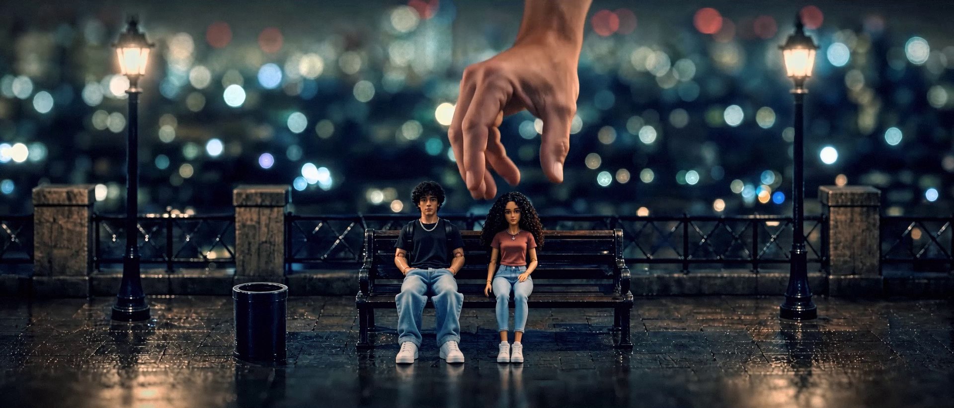 The couple as posable figures sit apart on a rain-slick promenade bench at night, a giant hand descending toward them, city bokeh behind