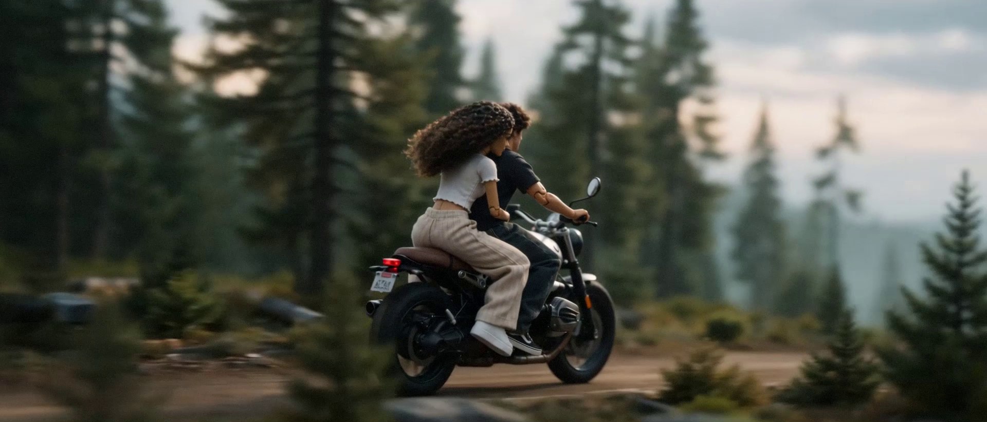 The couple ride a motorcycle together down a forest road, her hair streaming back