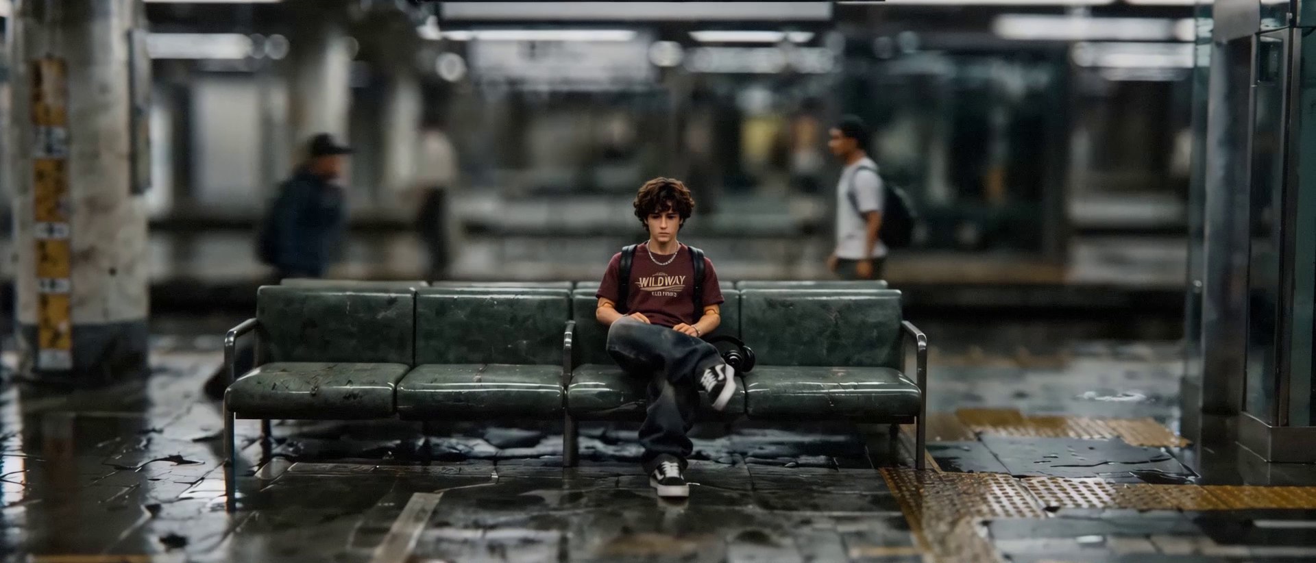 The man sits alone on a green subway-platform bench, head down, commuters blurred behind him