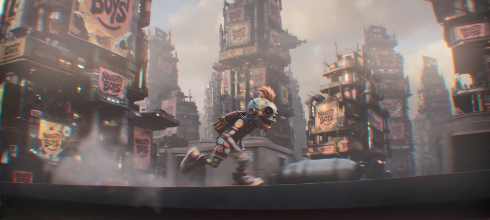 The mascot sprints across the rooftops of a smog-lit city whose towers are papered end to end with Naughty Boys billboards