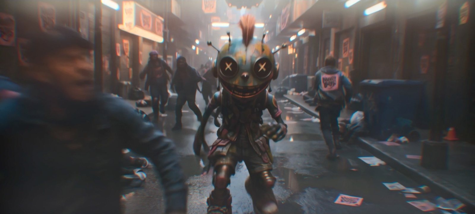 The skull-faced mascot charges straight at camera down a neon alley as the crowd scatters around it