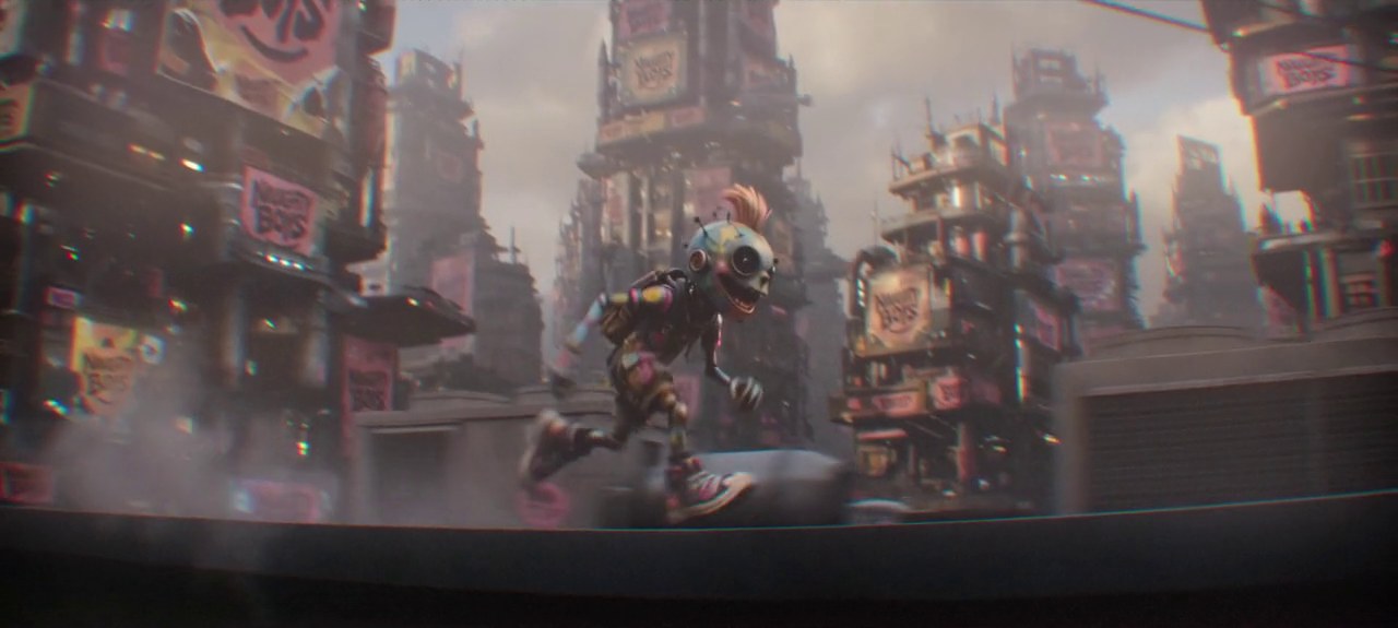 The Naughty Boys mascot — a skull-faced robot with a pink mohawk — running across rooftops through a dystopian city plastered with Naughty Boys billboards