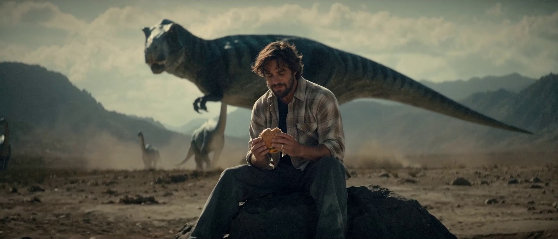 A man sits on a rock eating a burger in a prehistoric plain as a T-rex and sauropods stride past