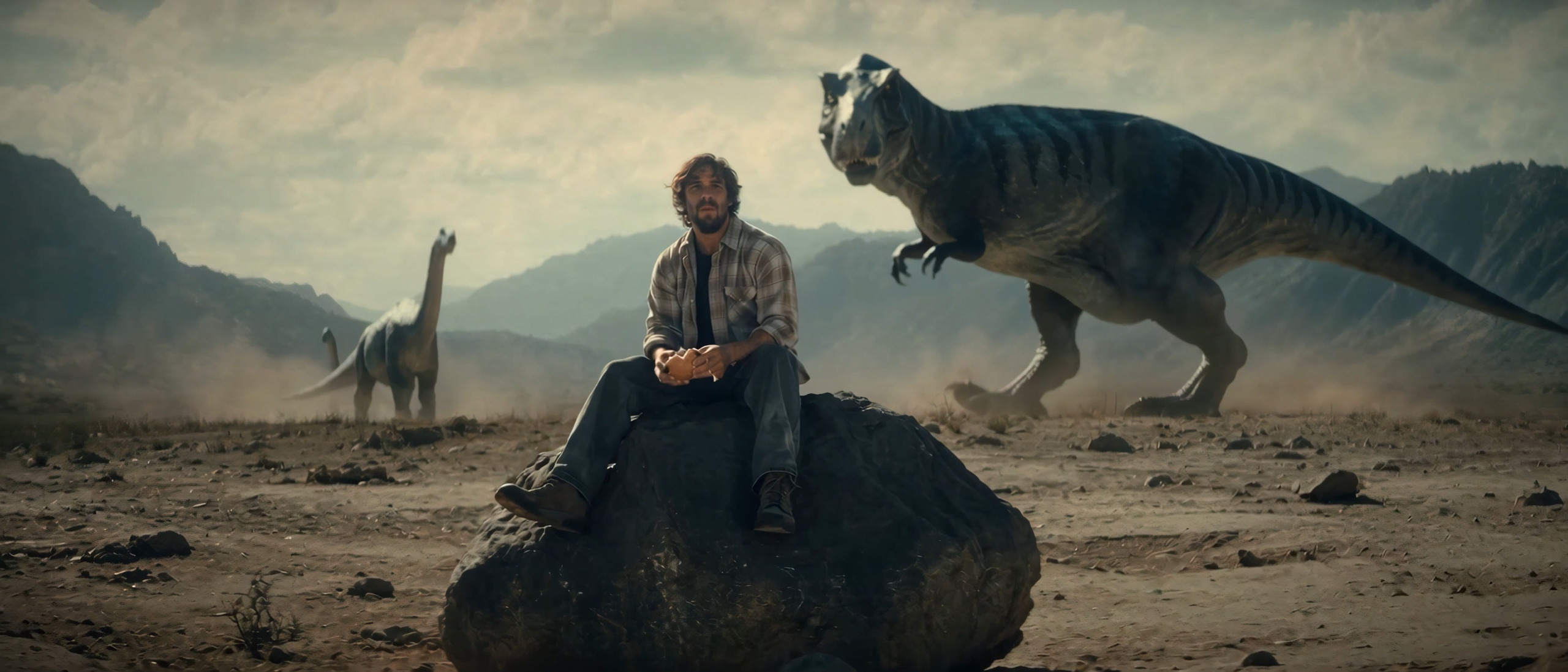 A bearded man sits calmly on a rock in a prehistoric desert landscape as a T-rex strides past behind him, with brachiosaurs in the distant background
