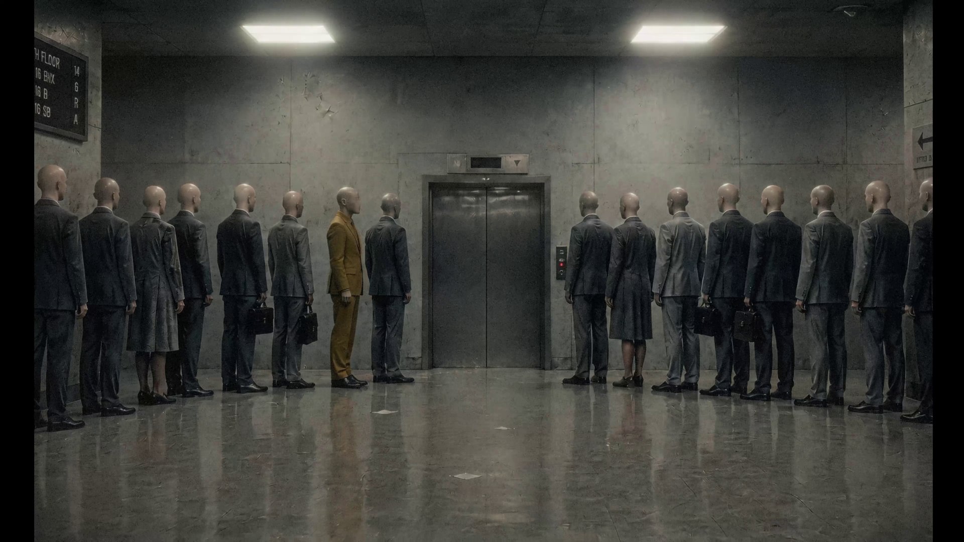 A man in a mustard suit stands out in a line of identical grey-suited faceless figures waiting at an elevator