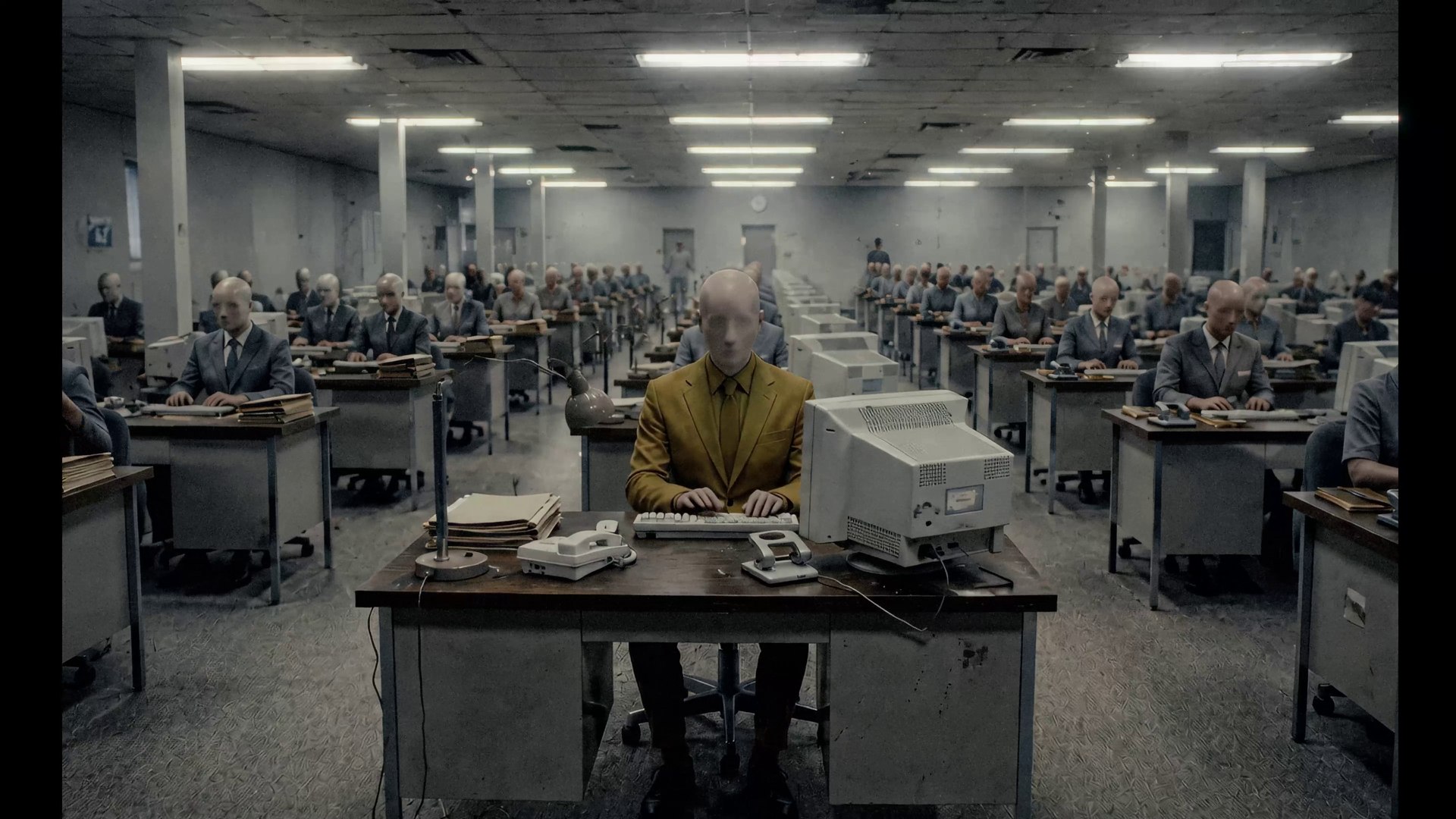The mustard-suited man at a desk in a vast grey hall of identical faceless workers at old computers