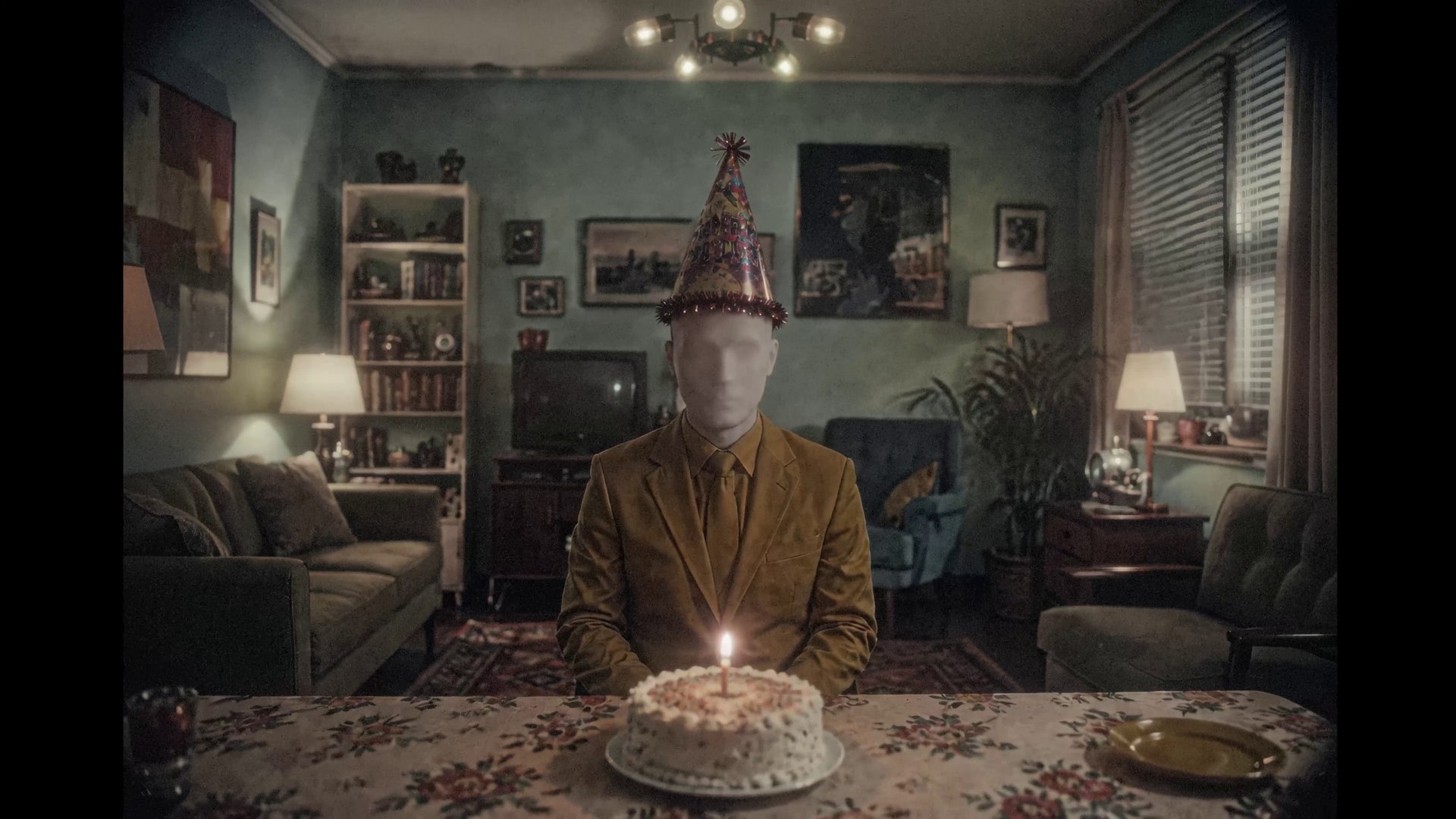 The faceless man sits alone in a dim vintage living room wearing a party hat, one candle lit on a cake