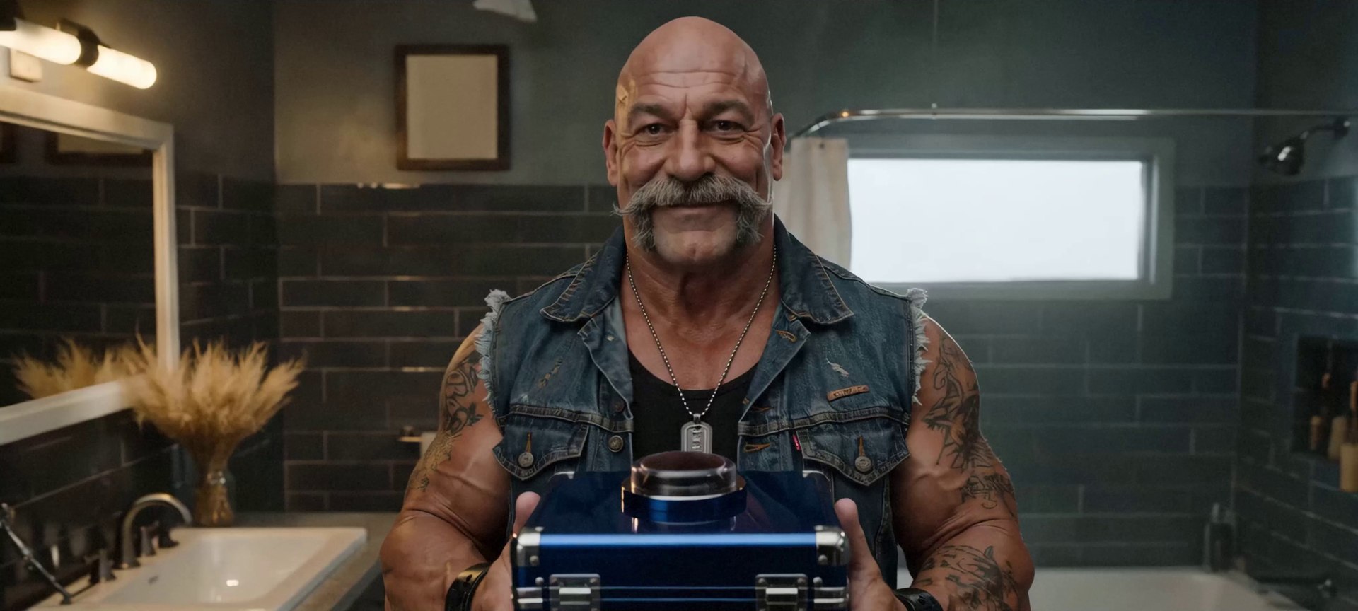 A bald, moustached biker in a denim vest holds out a blue Trivo grooming case in a dim tiled bathroom