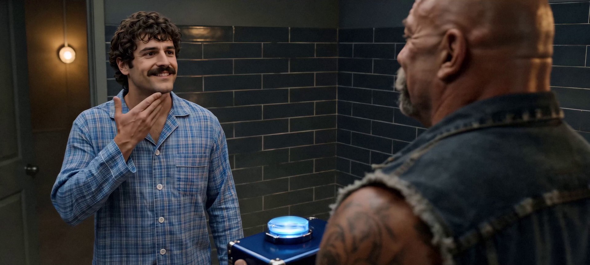 A young man in plaid pyjamas touches his chin and smiles as the biker presents the glowing blue case