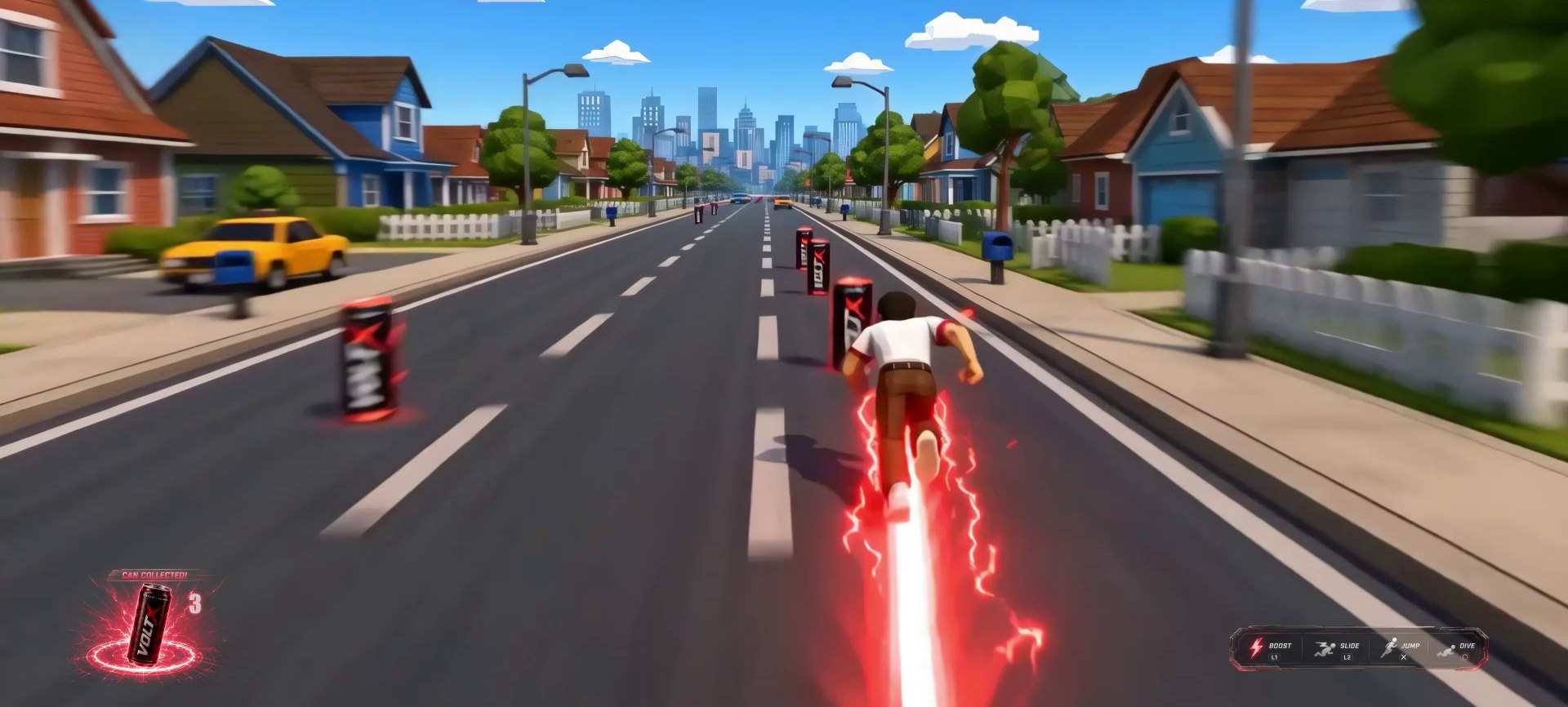 The ad shifts into an endless-runner video game: the character sprints down a suburban street on a red energy trail, collecting VOLT X cans, with a game HUD