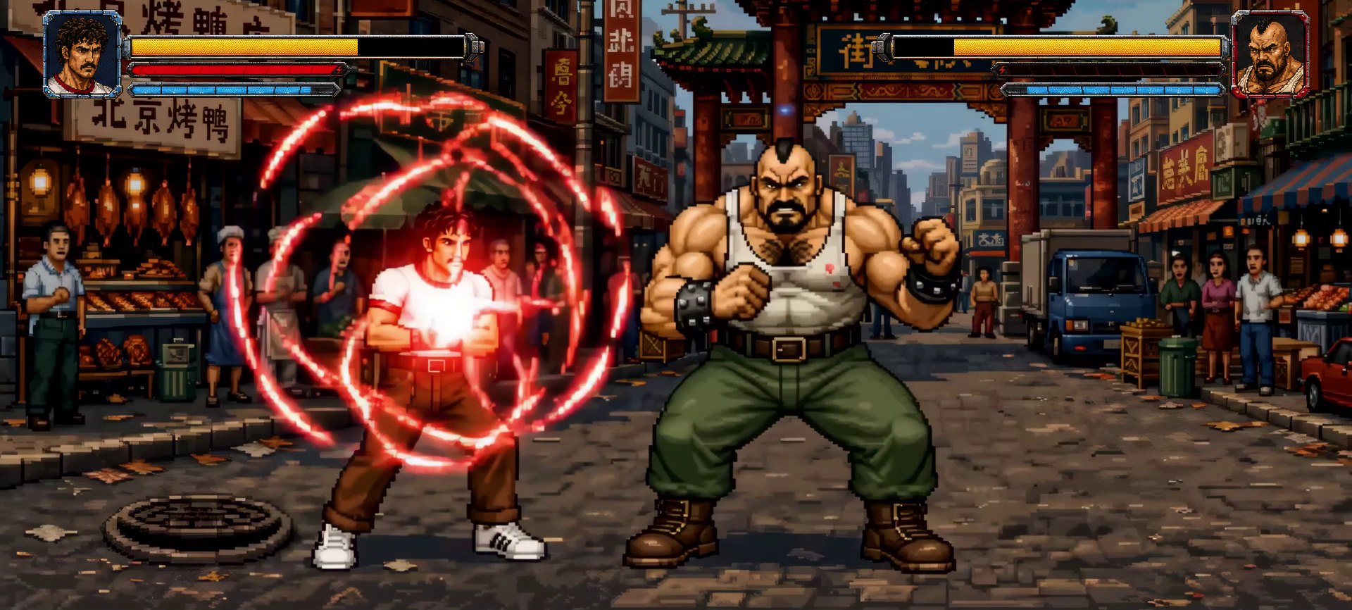 A retro pixel-art beat-em-up scene: the character squares off against a hulking boss in a Chinatown street, health bars on screen