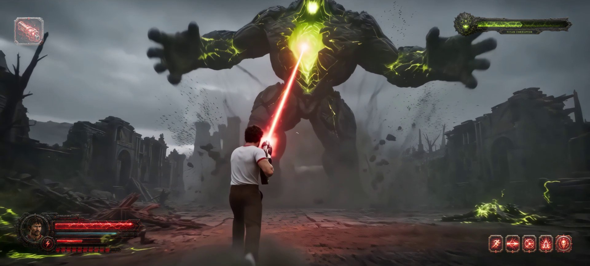 A AAA third-person shooter scene: the character fires a red beam at a towering green-veined titan boss across a ruined battlefield