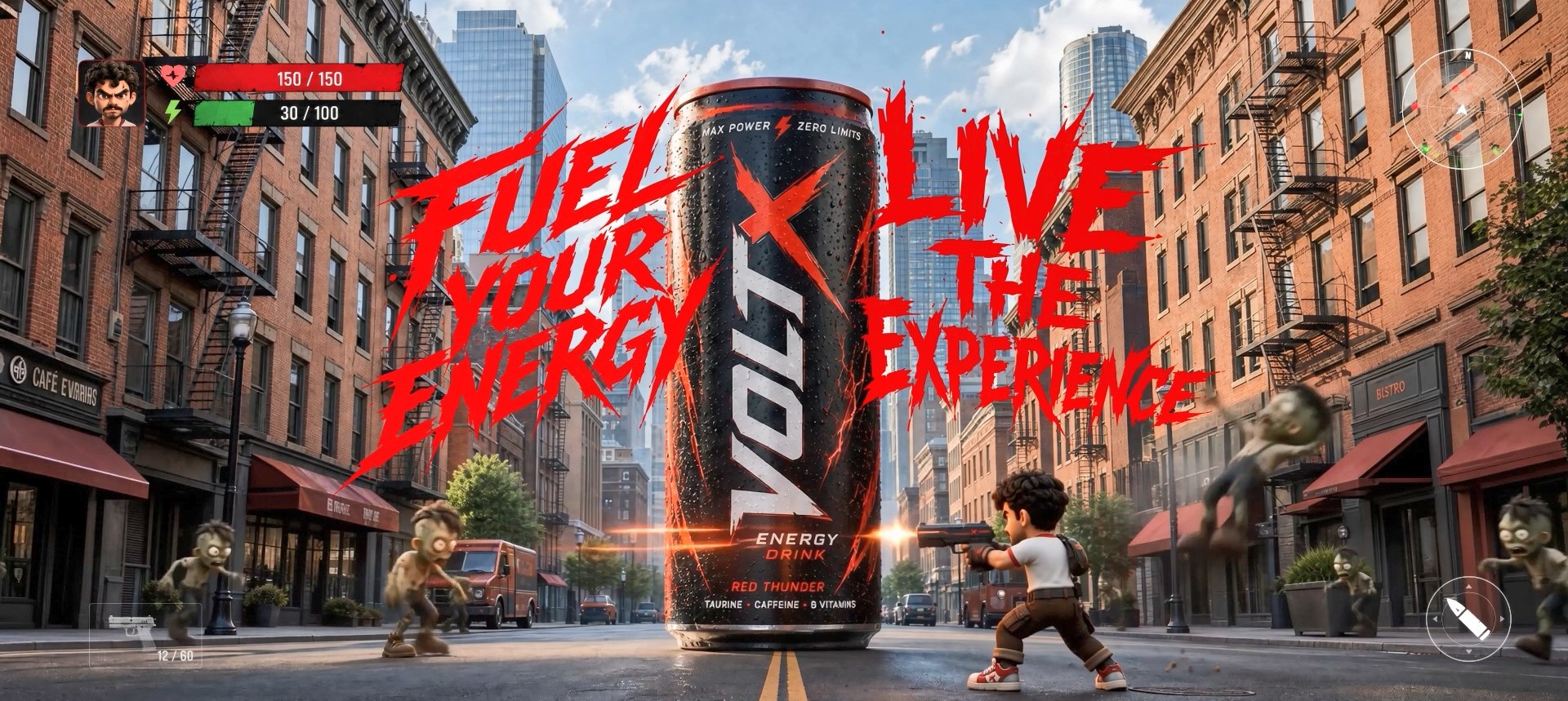 A stylized game-style ad for VOLT X Energy Drink, with a giant can in a city street, an animated character firing a gun at zombies, and bold red 'Fuel Your Energy / Live The Experience' lettering